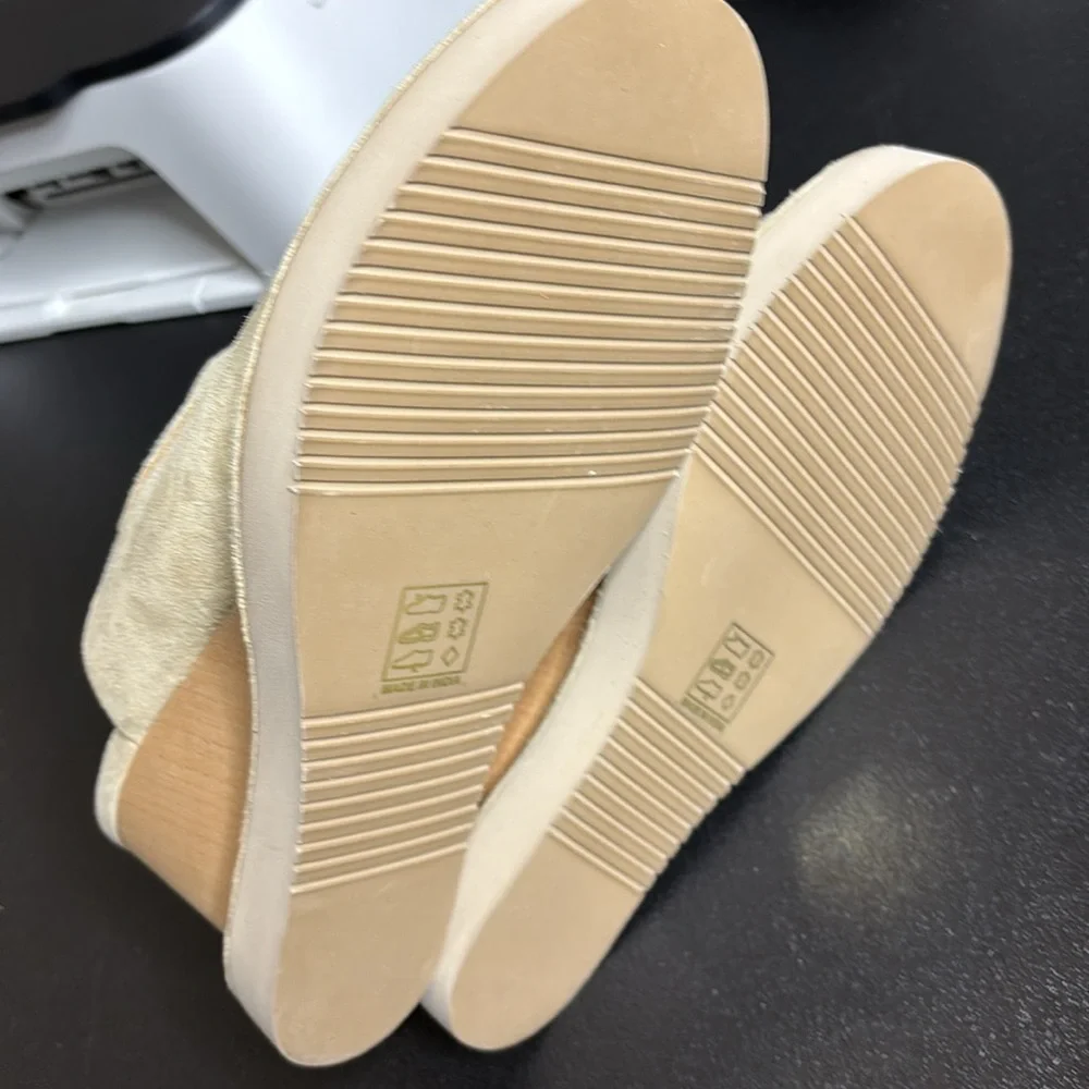 Free People Chunky Wedges Sandals Suede Tan Leather Slide Heel Shoes 8 1/2